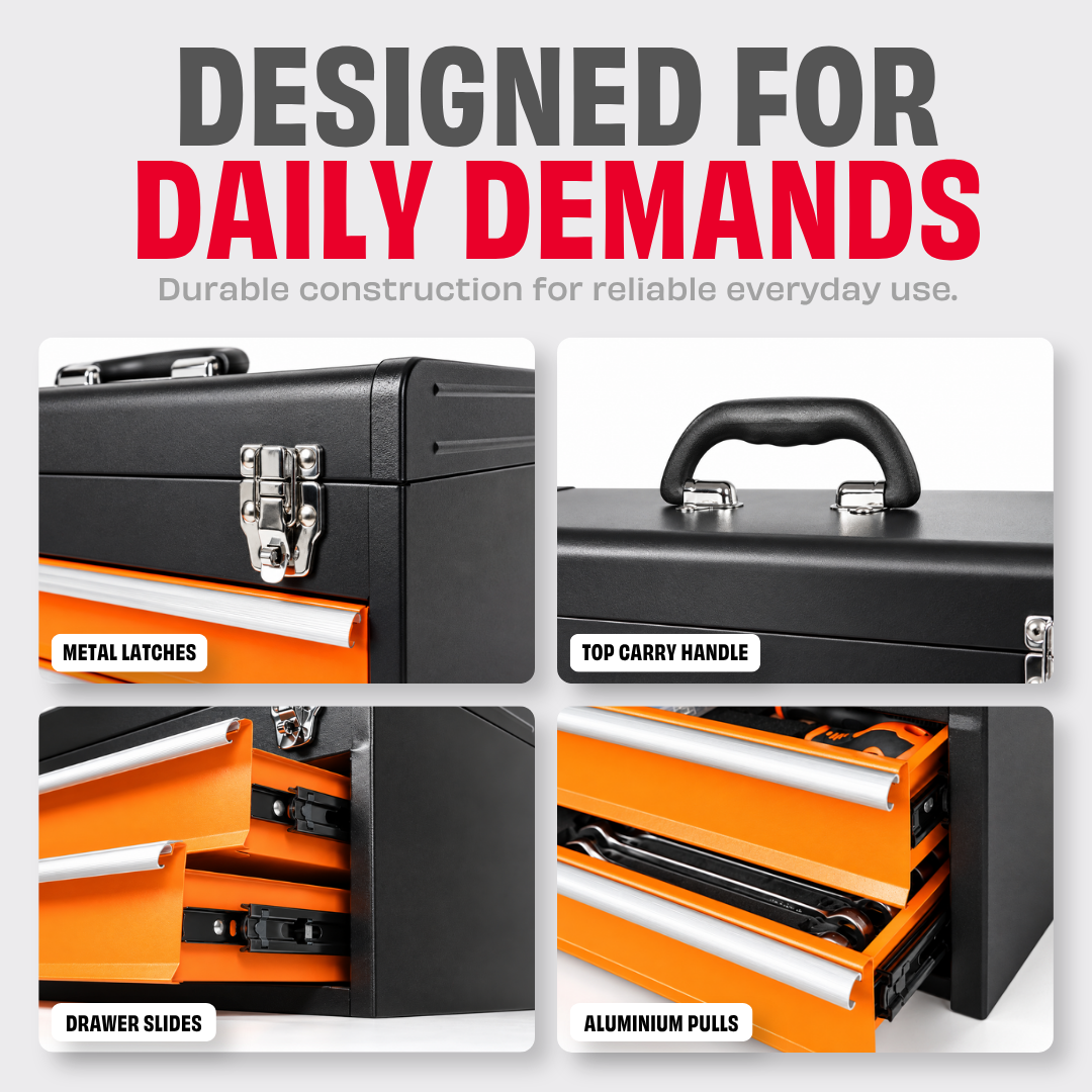 JPT 225 Pcs Tool Kit with Metal Tool Box, 2 Drawers, Socket & Spanner Set 60 Sockets 4-32mm • 3 Ratchets • 16 Spanners • 6 Screwdrivers • 3 Pliers • Metal Latches & Carry Handle