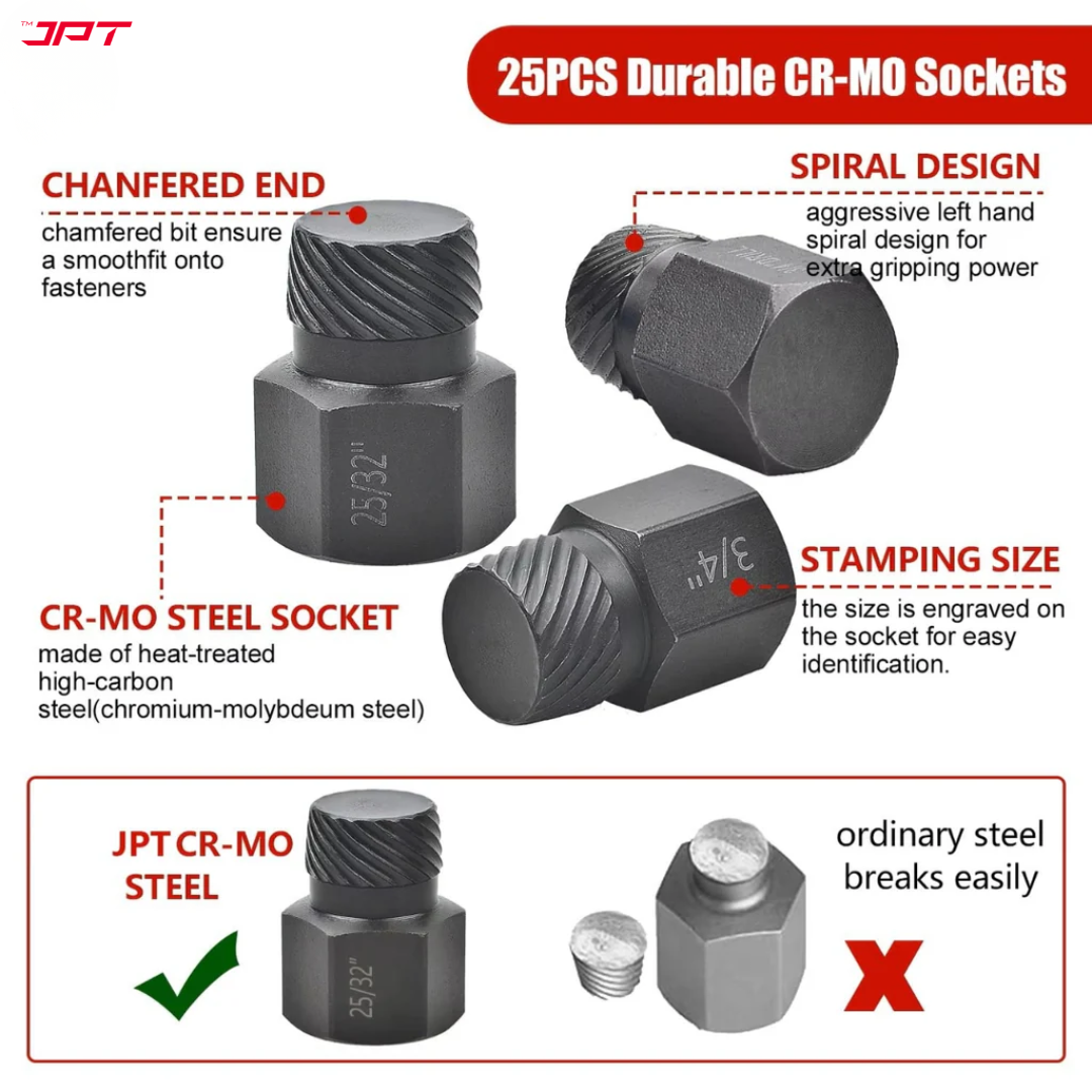 Buy JPT 25-piece damaged screw extractor set, that includes the most commonly used and needed screw extractors to handle damaged fasteners easily. Buy Now

