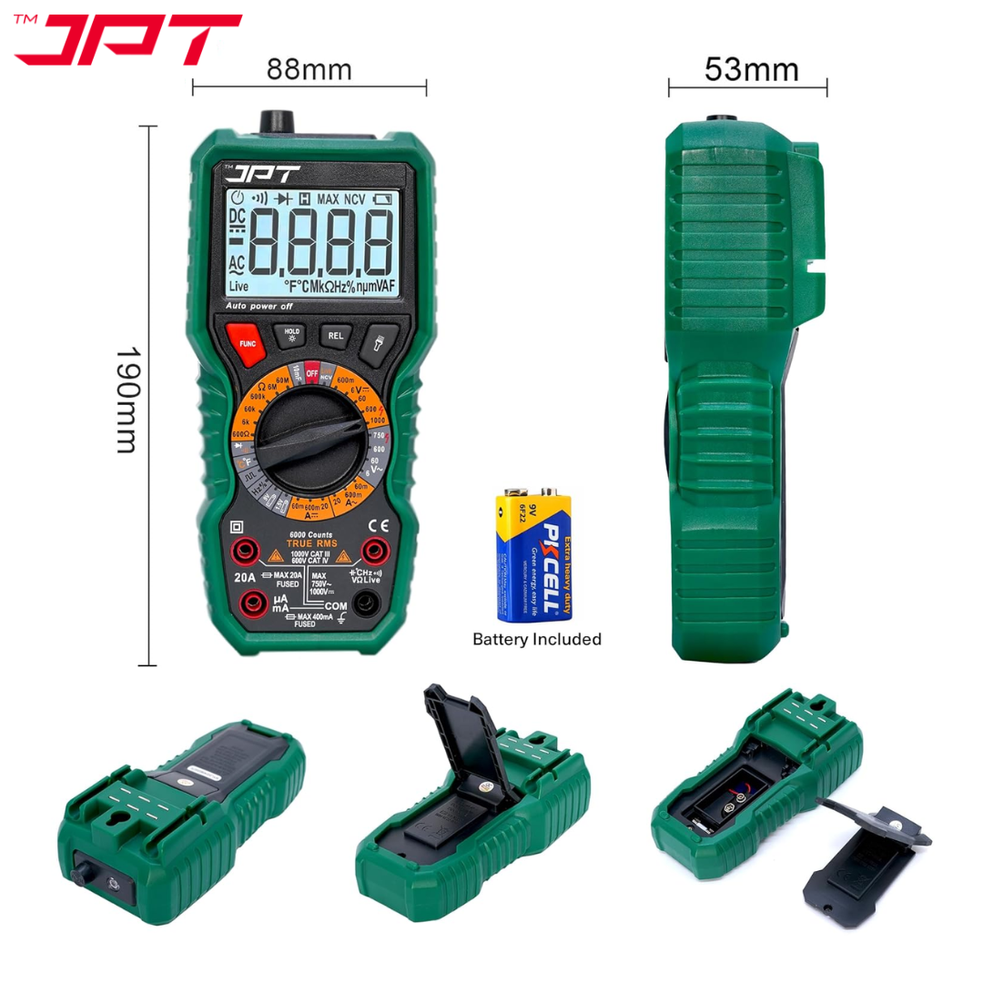 JPT Pro Series Digital Multimeter True RMS 1000V AC/DC | 6000 Counts Auto-Ranging Voltmeter | NCV, Frequency, Ohm, Diode, Continuity Tester | Best for Technicians, Electrician, And More