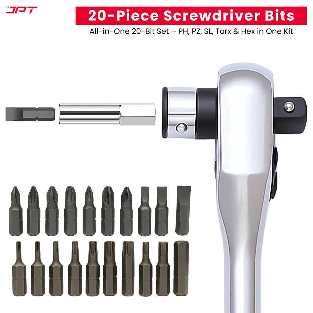 JPT 34-In-1 Multi-Functional Ratchet Handle Set | 12-Piece Hexagon Head Bits, 20-Piece Screwdriver Bits, One 43-Tooth Reversible Ratchet Handle |  Crome