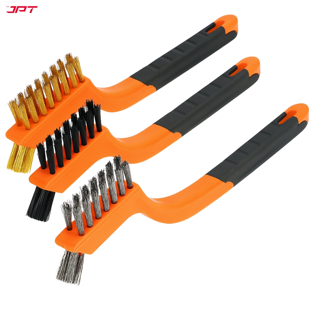 JPT 3-Piece Dual-Sided Heads Wire Brush Set | Stainless Steel, Brass & Nylon Bristles with Soft Grip Handle | Best For Rust Removal, Paint Cleaning & Detail Work