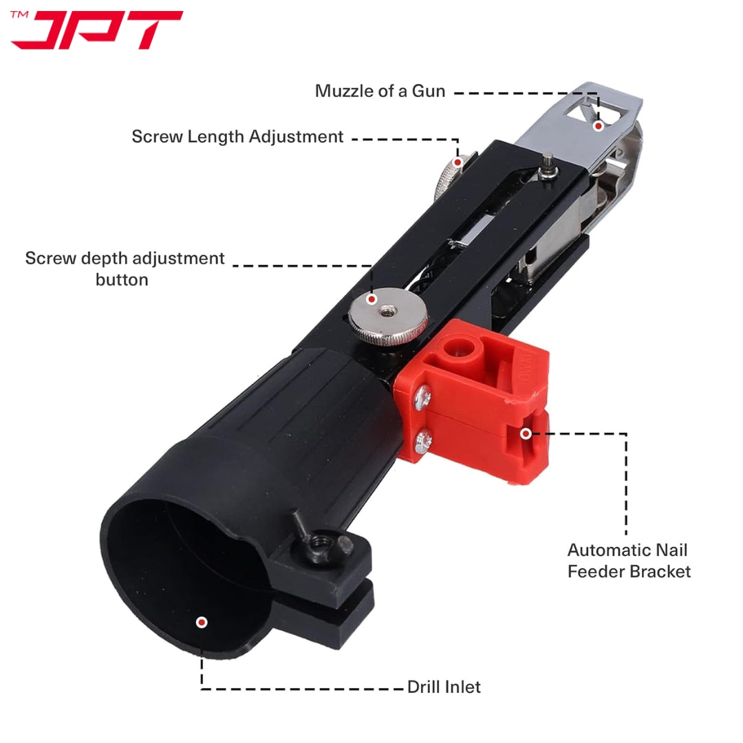 JPT Automatic Chain Nail Gun Adapter – Collated Screw Autofeed Nailing Head for Electric Drill, Heavy-Duty Drywall & Woodworking Nail Gun Attachment with 50-Piece Chain Nails