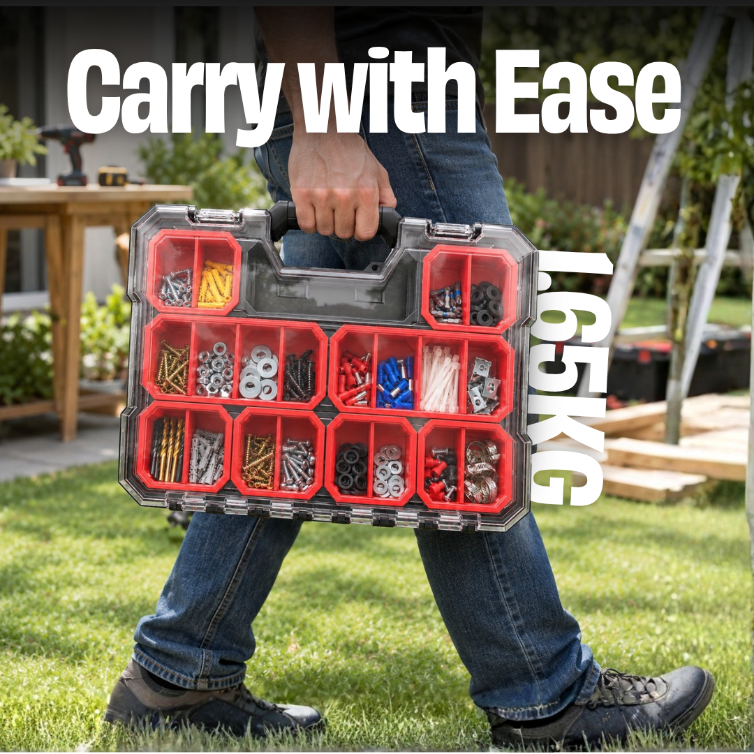 JPT Shallow Tool Organizer Box with 8 Removable Containers and Dividers, Heavy-Duty Storage Case with Transparent Lid for Tools, Hardware, Screws, and Small Items