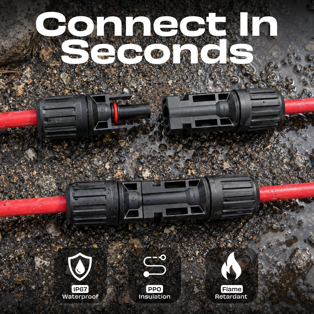 JPT MC4 Solar Crimping Tool Kit, 2.5/4/6mm², 10-32 AWG, Wire Stripper | 2.5/4/6mm² Crimping • 10-32 AWG Stripping • 6 MC4 Connectors • 12 MC4 Pins • 2 Wrenches • Storage Bag