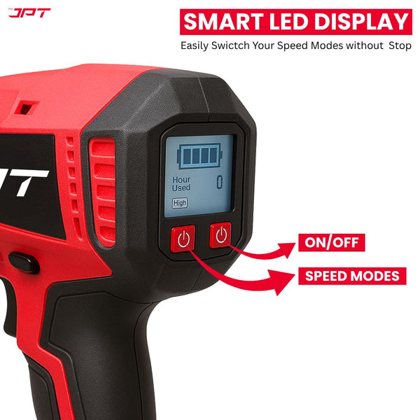 Buy JPT 21V 400nm heavy-duty cordless impact wrench at best price, featuring strong brushless motor, high rotational speed, smart display with pannel and more.