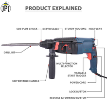 Pro-Cut PC-2601 Heavy Duty Rotary Hammer Drill Machine | 1050-watt Motor Power | 0-1100 RPM Speed | 26MM Deep Drilling | 4 Functions Modes | Rerverse & Forward Mode | Clearance Sale 2024