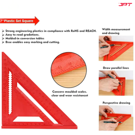 Buy now the JPT 7-inch thickened 45°/90° carpenter square, featuring precision laser markings, high-quality build, widened base, and user-friendly design.
