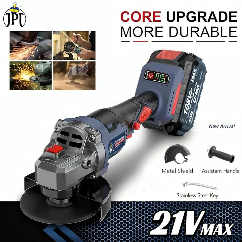 JPT 21V Brushless Heavy Duty Cordless Angle Grinder | 11000 RPM Speed | 21mm Cutting Depth | Smart Variable Speed Control Panel | 4000mAh Battery | Fast Charger