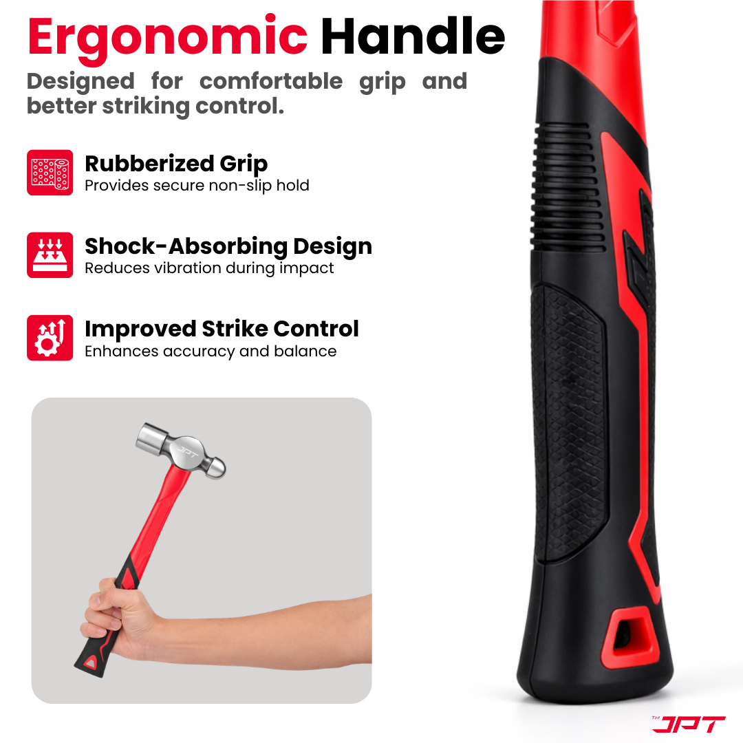 Buy JPT 1lbs forged steel ball peen hammer with shock-absorbing rubber grip. Ideal for metal shaping, riveting, workshop and fabrication work. Buy Now