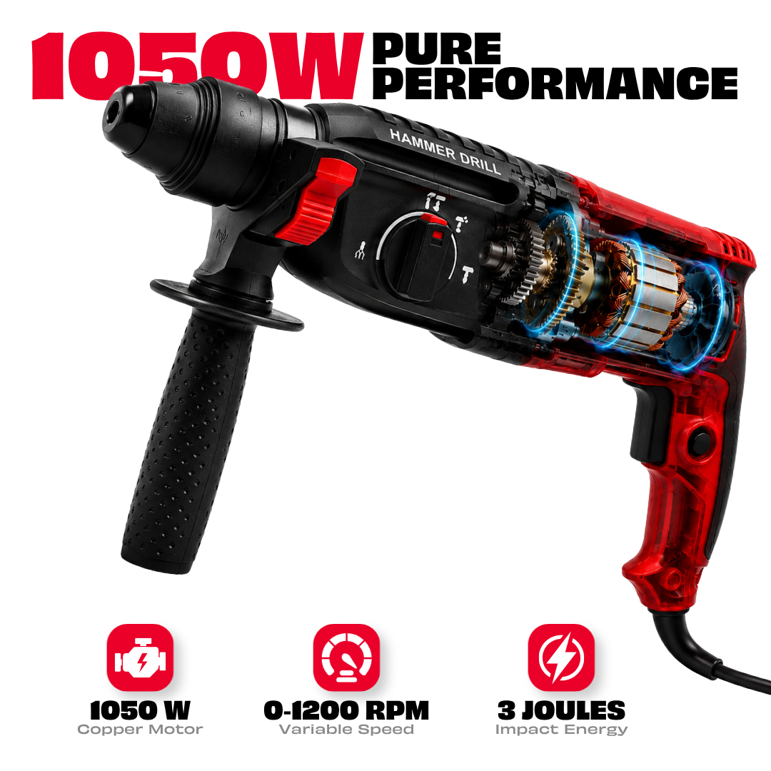 JPT Pro 26MM SDS-Plus Heavy-Duty Rotary Hammer Drill Machine | 1050W Motor | 1200RPM Speed | 3.0 Joules Impact | 4900 BPM Force | 3 Function Modes | Forward & Reverse Function