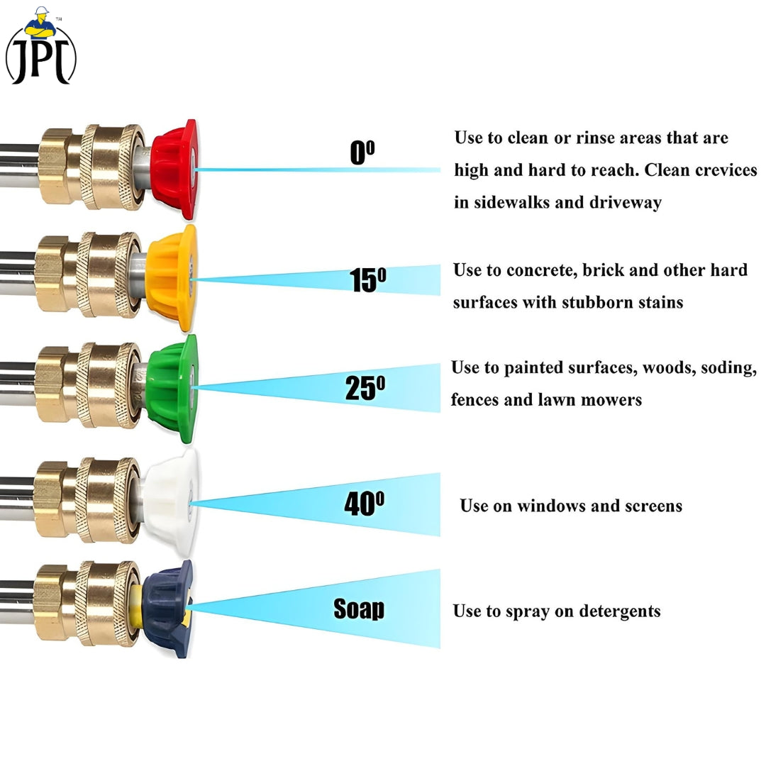 Buy now JPT pressure washer combo which inlcudes 10"/25cm extension rod, one quick connector, and 5pcs 1/4" universal pressure washer nozzle tips at best price.