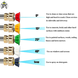 Buy now JPT pressure washer combo which inlcudes 10"/25cm extension rod, one quick connector, and 5pcs 1/4" universal pressure washer nozzle tips at best price.