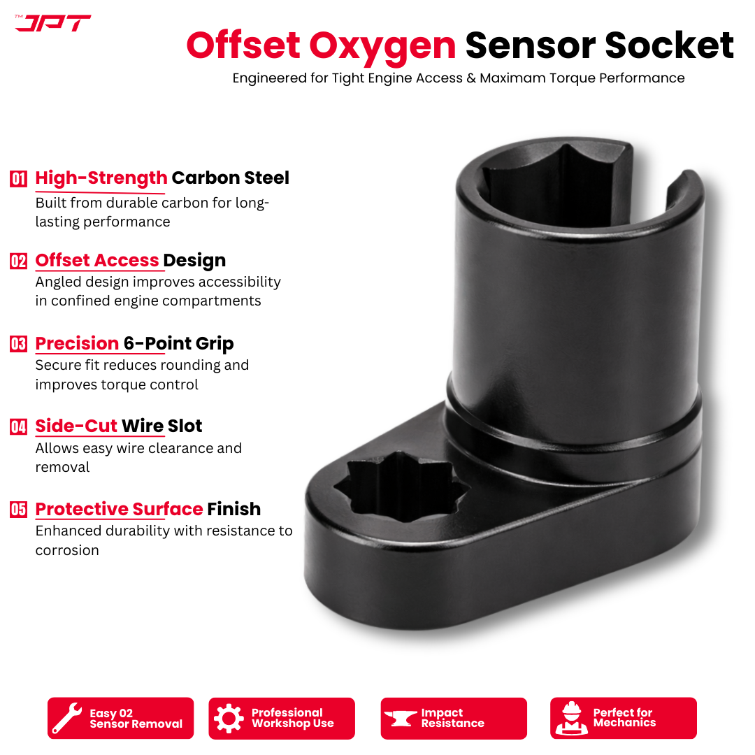 Buy JPT heavy duty 22mm oxygen sensor socket tool with offset and slotted design for tight engine access. Ideal for O2 sensor removal and car repair workshops.