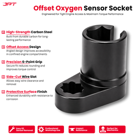Buy JPT heavy duty 22mm oxygen sensor socket tool with offset and slotted design for tight engine access. Ideal for O2 sensor removal and car repair workshops.