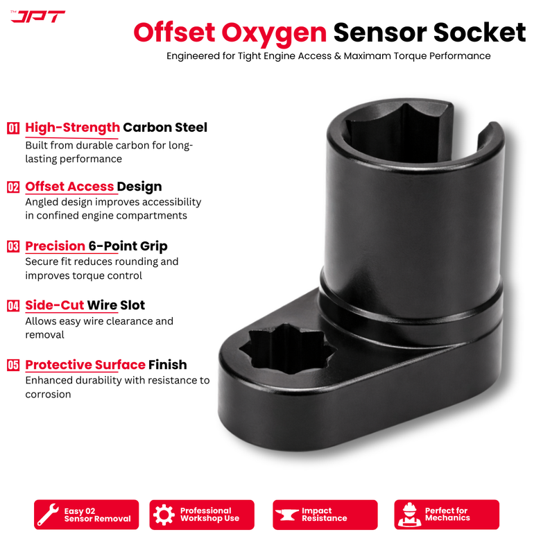 JPT 3-Piece Professional Oxygen Sensor Socket Tool Set 22mm – Offset & Slotted O2 Sensor Socket for Tight Engine Spaces | Heavy Duty Car Oxygen Sensor Removal Tool for Garage & Workshop Use