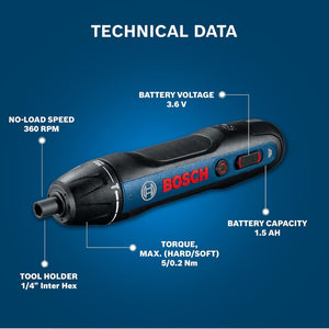 Bosch GO 2.0 Professional Cordless Screwdriver Set | 33-Piece Screwdriver Bit Set | 5/2.5 Nm  (Hard/Soft) Torque | 360RPM Speed  | 3.6V Battery | ¼