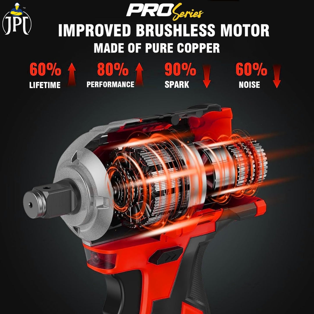 JPT Pro Series Brushless 21-volt Cordless Impact Wrench | 570N.m Torque | 4400 RPM Speed | 2 Speed Modes | 1/2-Inch Hex Shank | Bright LED Light | 4000mAh Battery | Fast Charger | 12 Months Warranty
