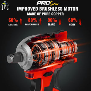 JPT Pro Series Brushless 21-volt Cordless Impact Wrench | 570N.m Torque | 4400 RPM Speed | 2 Speed Modes | 1/2-Inch Hex Shank | Bright LED Light | 4000mAh Battery | Fast Charger | 12 Months Warranty