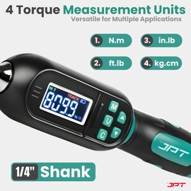 JPT Digital Torque Wrench 1/4" Drive | 0.6–12 N·M Torque Range | High-Accuracy Electronic Torque Wrench with LED & Buzzer Alert | Peak & Track Mode | Multi-Unit Display