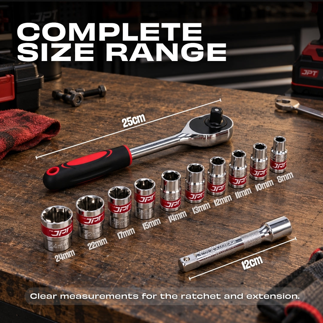 JPT 12-In-1 1/2" Ratchet Spanner Socket Set | CR-V Build with 6-Point Design | Ratchet Spanner With Quick-Release Reversible Mode & Spring-Loaded Ball | Best for Home, Car, Bike, Cycle, Automotive Repair