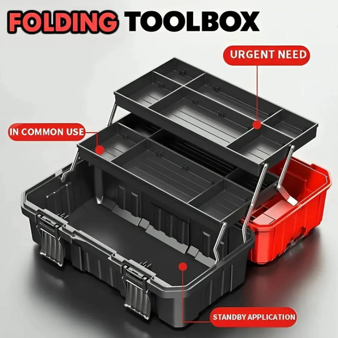 JPT 17-Inch 2-Tiers Heavy-Duty Folding Tool Box | Industrial-Grade Plastic Build | Two Transparent Lids With 2 Tray Compartments | SS Secure Latch with Padlock | Best for Electricians, Carpenters, Automobile
