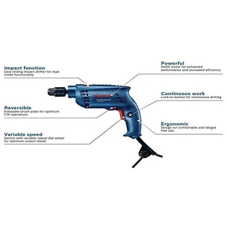 Bosch Heavy Duty GSB 450 Professional Corded Impact Drill Machine | 450-watt Motor | ‎2800 RPM Speed | 10mm Drill Chuck | Variable Speed Switch | Impact Funtion