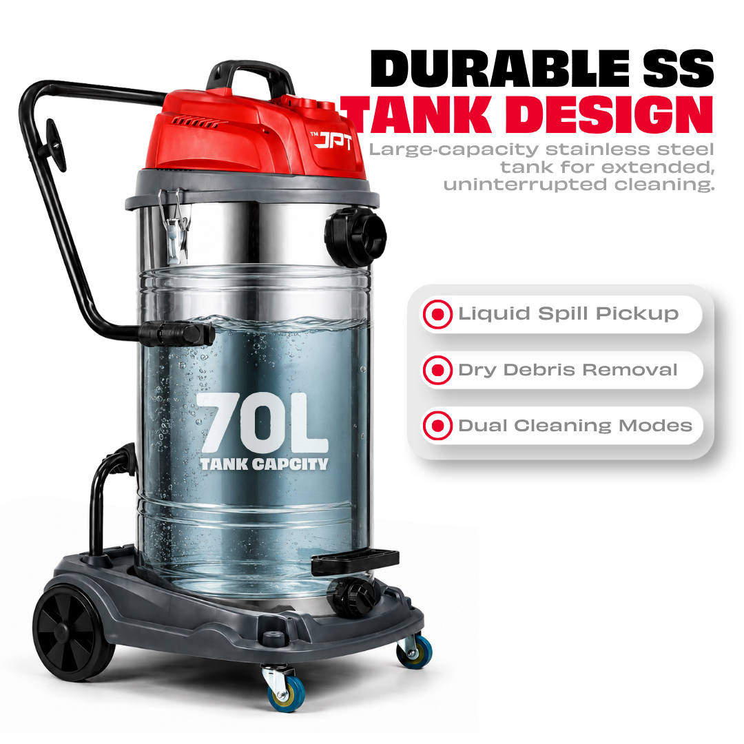 JPT Heavy Duty Commercial 70LTR Vacuum Cleaner | 3000W Double Motor | 28 KPA Suction Power | 70L SS Container | 99.6% HEPA Filtration | Clean Wet & Dry Messes Of Home & Industrial