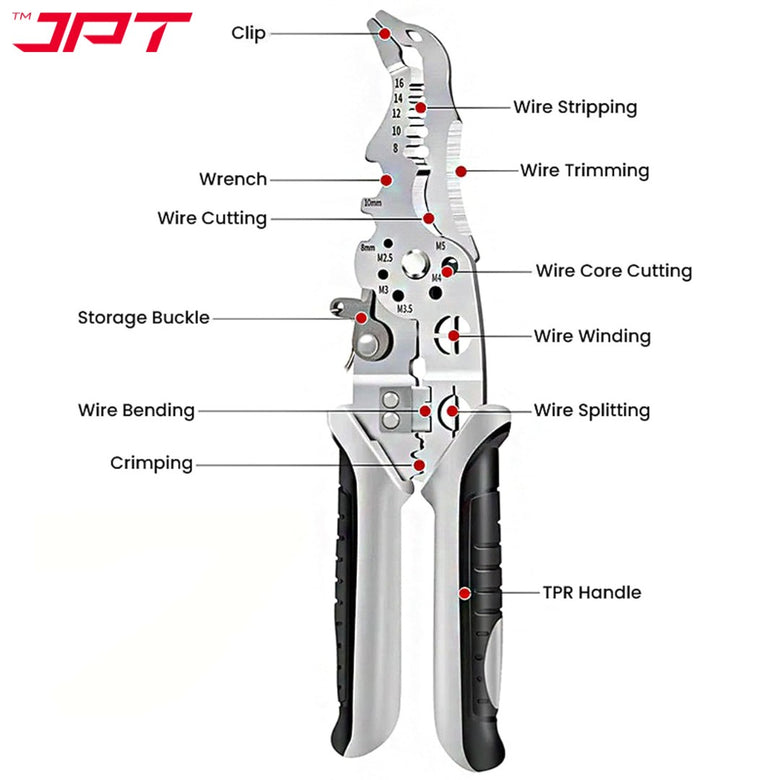 JPT Heavy-Duty Multi-Function Wire Stripper & Crimper Tool | Chrome Vanadium Steel Build | Ergonomic TPR Grip | Precision Electrical Wire Cutter & Terminal Crimping Tool