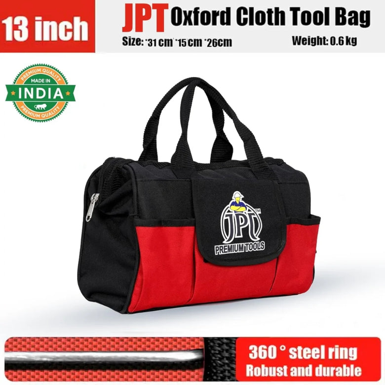 JPT 13-Inch Heavy-Duty Tool Bag | Oxford Cloth and Fine Stitching Build | Portable Made-In India Tool Bag for Electrician, Technician, Mechanics, Carpenter, and More