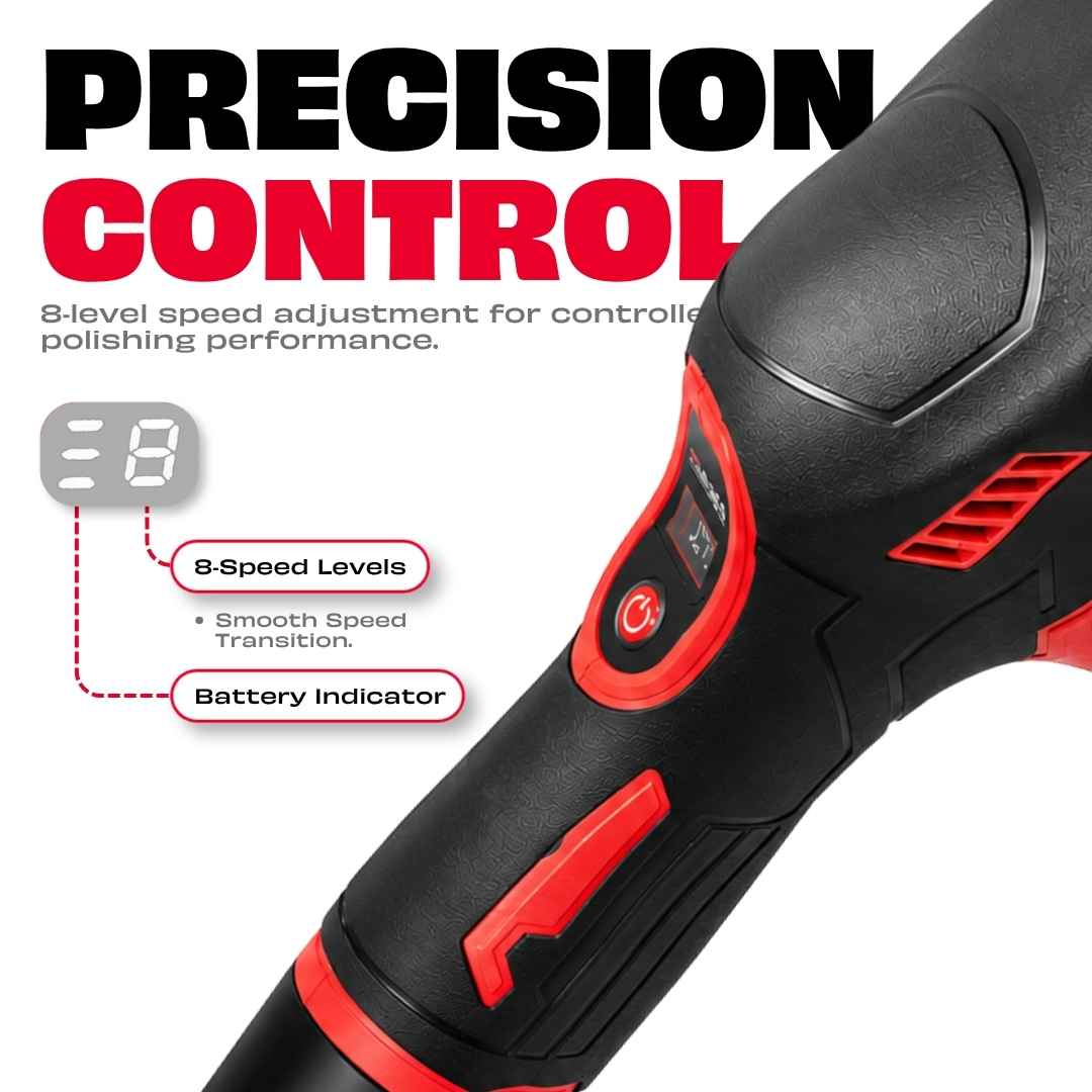 JPT cordless car polisher handle showing precision control with 8-speed level display and battery indicator panel