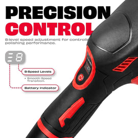 JPT cordless car polisher handle showing precision control with 8-speed level display and battery indicator panel