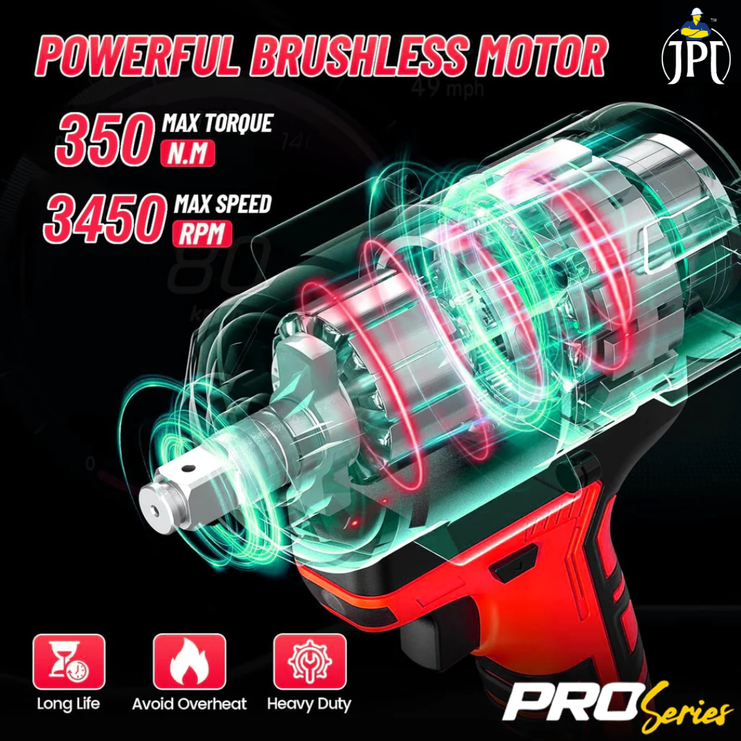 JPT Pro Series Brushless Heavy Duty 21-volt Cordless Impact Wrench | 350N.M Torque | 0-3450RPM Speed | 1/2-Inch Shank | 4000mAh Battery | All Accessories Included | 12-Months Warranty