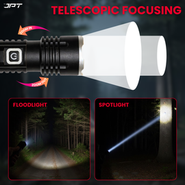 Buy JPT K16 super bright LED flashlight featuring rechargeable LED torch with 4800mAh battery, USB-C charging, zoom focus & 3 modes. Buy at best price today.