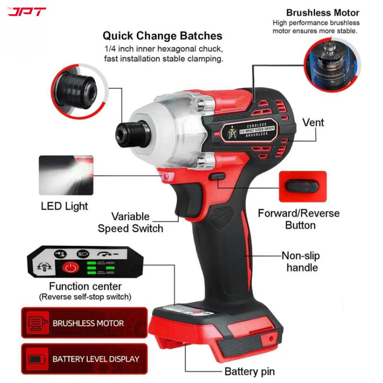 JPT 21-volt Impact Cordless Screwdriver Machine | Brushless Powerful Motor | 1/4’’ All-Metal Hex Chuck | 270N.M Torque | 3000RPM Variable Speed | 4000mAh Battery | 6 Driver Bits Included