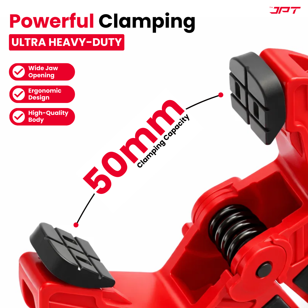 Buy JPT Ultra heavy-duty 2.5 inch (50mm) spring clamp with hardened steel spring and rotating pads. Ideal for woodworking, carpentry, DIY and workshop use.