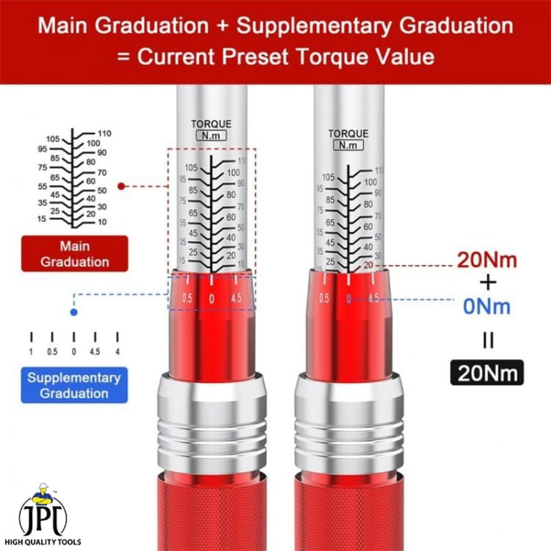 JPT 1/2 Inch Square Drive Torque Wrench, 5-110N.m, Bi-Directional Ratchet for Car Repair, Adjustable Precision Tool for Automotive, Motorcycle, and Bicycle Maintenance