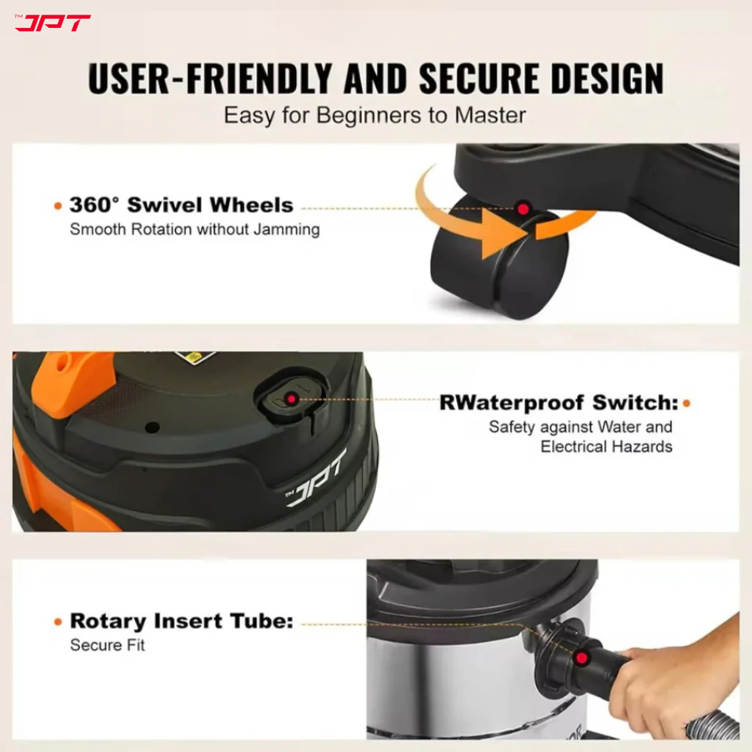 JPT Pro Series 35L Wet and Dry Vacuum Cleaner with Blower | 3200W Motor | 26kPa Suction | 35L Tank | Stainless Steel Body | 10-Ft Cord & 7-Ft Hose | For Cleaning Home, Car, Furniture
