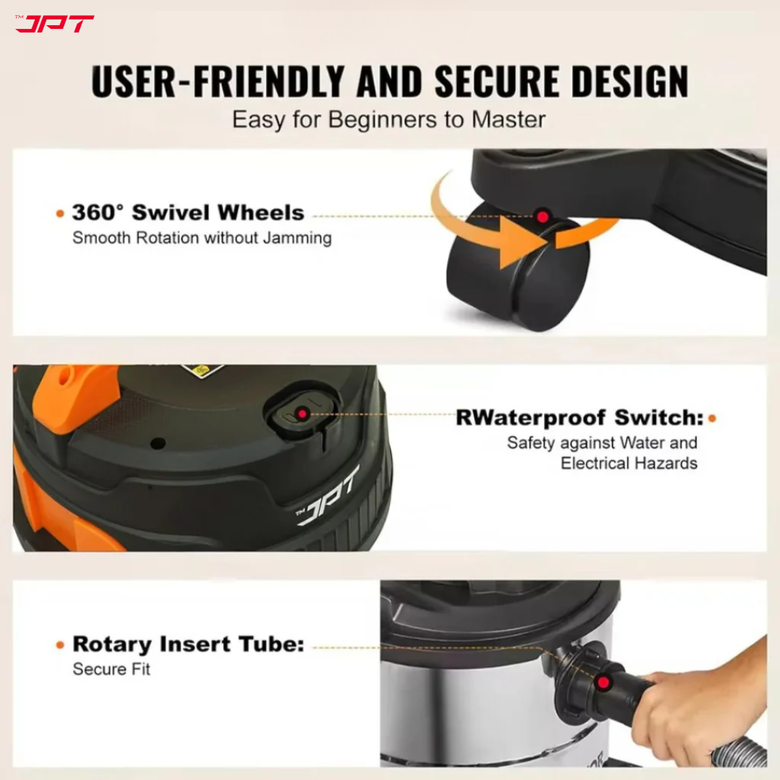 JPT Pro Series 35L Wet and Dry Vacuum Cleaner with Blower | 3200W Motor | 26kPa Suction | 35L Tank | Stainless Steel Body | 10-Ft Cord & 7-Ft Hose | For Cleaning Home, Car, Furniture