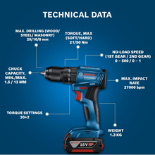 Bosch GSB 185-Li Professional Cordless Drill Machine | 50N.M Torque | 0-1900RPM Speed | 13MM Keyless Chuck | Brushless Motor | 2000mAh Battery | Quick Charger