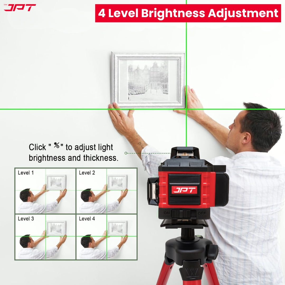 JPT Heavy-Duty 4D 16x Laser Level Machine | 4 x 360° Green Cross Line Laser Level | Adjustable Brightness & Remote Control | 4D Vertical/ Horizontal Line for Construction, Renovation, Floor Tiling, ETC