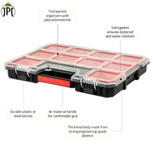 JPT Shallow Tool Organizer Box with 8 Removable Containers and Dividers, Heavy-Duty Storage Case with Transparent Lid for Tools, Hardware, Screws, and Small Items