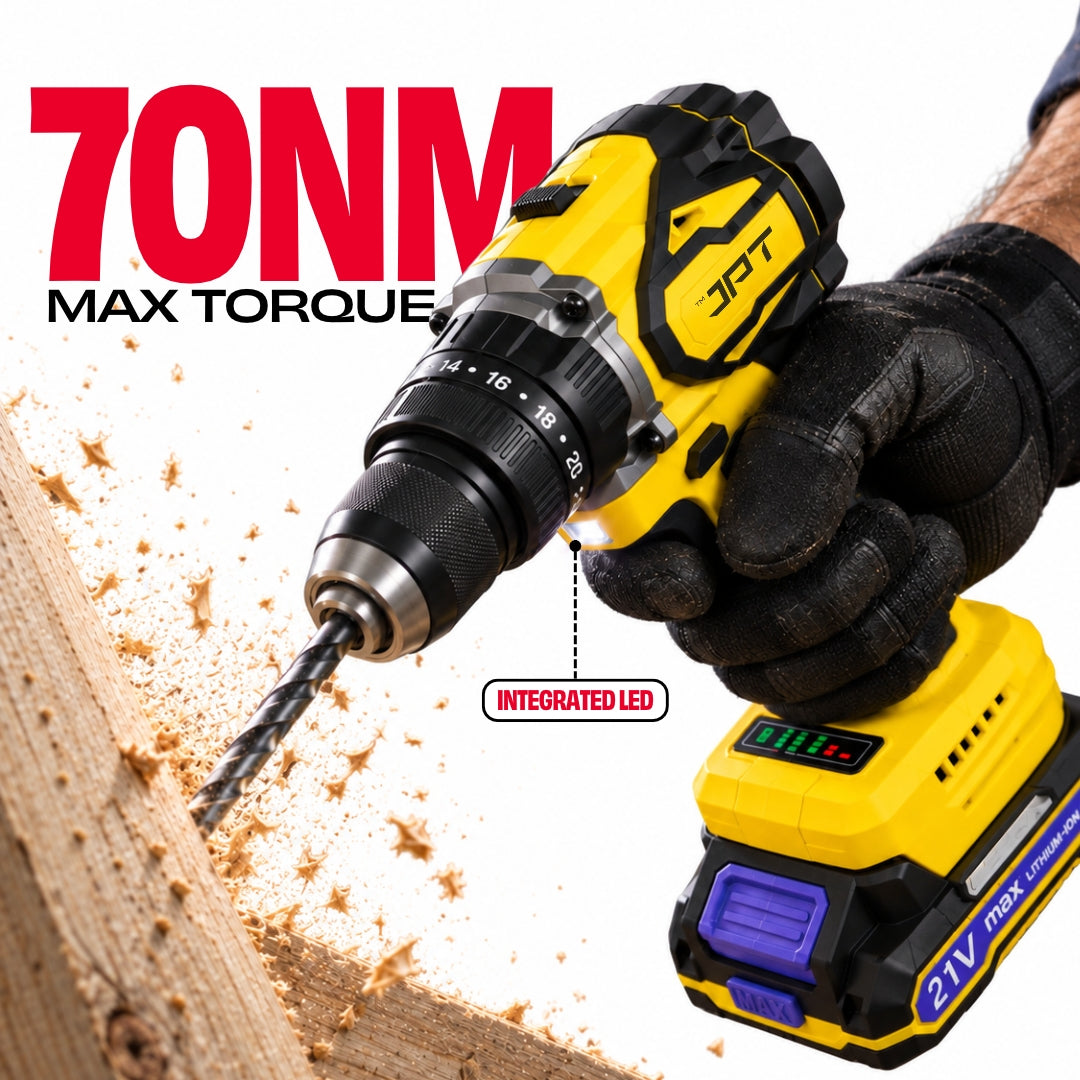 JPT New Pro Series Brushless 21-volt Cordless Impact Drill Machine with 70N.m Torque | 2150 RPM Speed | 25+3 Gears | 2 Speed Modes | 3/8" Metal Chuck | One Year Warranty