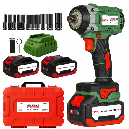 JPT Combo Heavy-Duty Pro Series 21v Cordless Impact Wrench with 10Pcs Socket Set | Brushless Motor | 750N.M Torque | 4200RPM Speed | 3”2 Shank | 3 Variable Speed | 4000mAh Battery & Fast Charger | For Cars, Bikes & Garage Use
