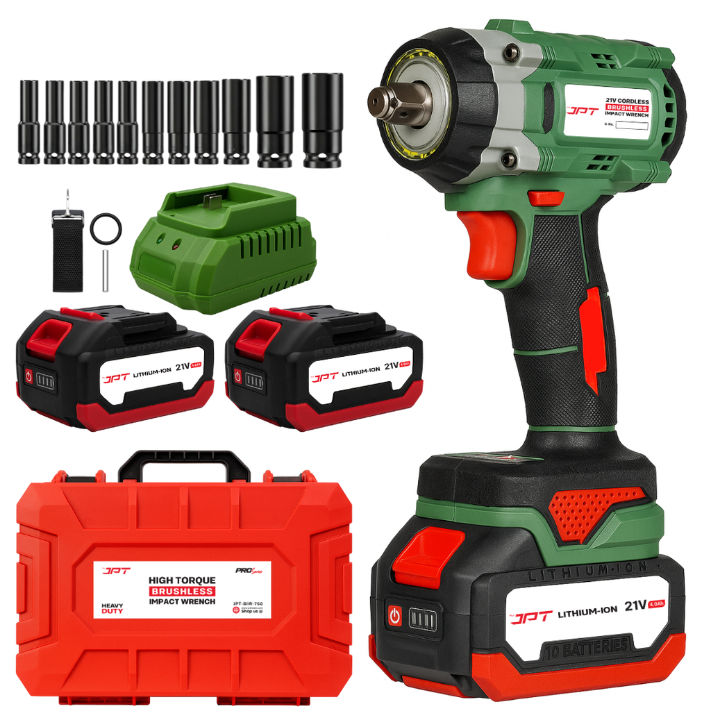 Buy JPT Pro Series cordless impact wrench with 10pcs socket, feature 750nm torque output, 4200rpm speed, 4.0Ah battery, 24 LED light and more at the best price.

