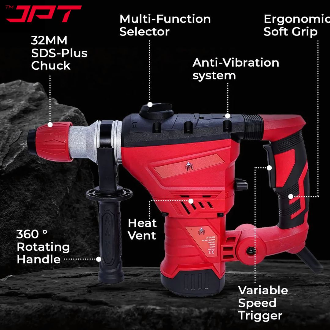 JPT Heavy Duty SDS Plus 32MM Core Rotary Hammer & Breaker Machine | 1500-Watt Motor | 4000 RPM Speed | 3800 BPM Force | 4.5 Joules Impact | 32mm Deep Drilling | 3 Function Modes | All Accessories Included