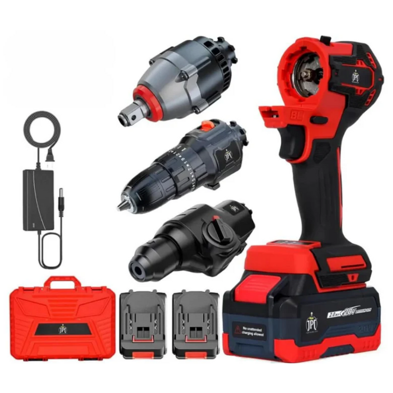 JPT Heavy Duty Brushless 3-In-1 Cordless Power Tool Set | 3-Speed Power Unit with Impact Wrench, Impact Drill, and Rotary Hammer Attachment