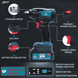 Buy JPT 21v monster beastly 450nm cordless impact wrench at best price. Get 350N.M To 2100N.M torque cordless impact wrench from JPT Tools. Buy Now