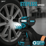 Buy JPT 21V cordless impact wrench with 400Nm torque, 3-speed control, 4000mAh battery, LED light, and 39-piece accessories kit for garage or workshop use.