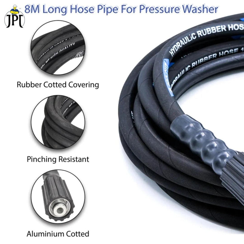 JPT Heavy Duty 8-Metre Pressure Washer Hose Pipe | American Standard M22 Thread With O-Ring Seals | 1/4-Inch Quick Connect | Stand Upto 4300 PSI Pressure | M22-15mm Metric Male Thread Fitting Included