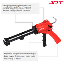 Buy now the JPT Pro Series heavy-duty caulking silicone gun, featuring dual-mode functionality, a built-in cutting knife, and a 360° rotating front holder.